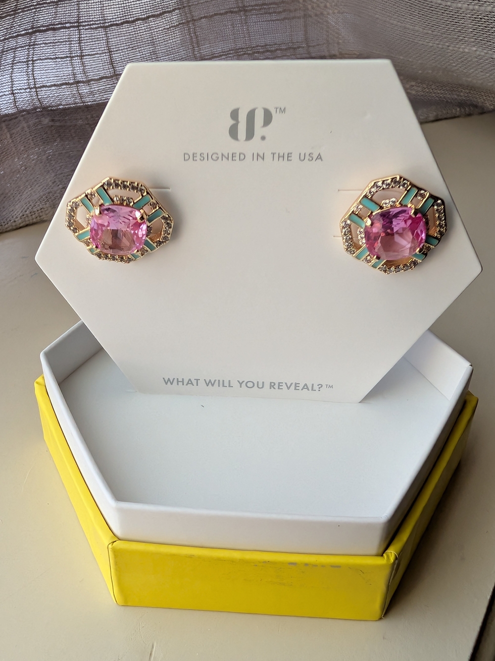 Bomb Party lab created pink sapphire and gold stud earrings with enamel